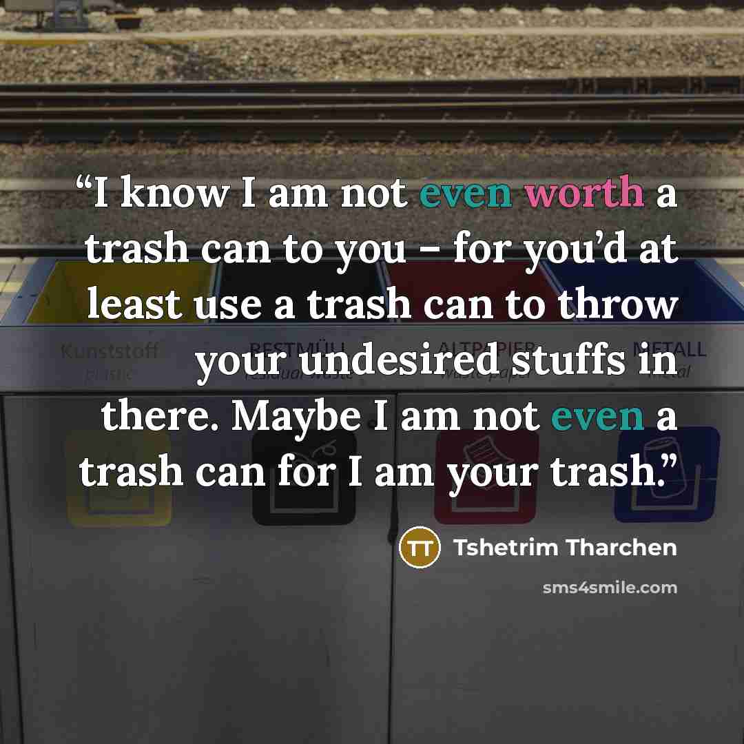 “I know I am not even worth a trash can to you – for you’d at least use a trash can to throw your undesired stuffs in there. Maybe I am not even a trash can for I am your trash.” quote by Tshetrim Tharchen