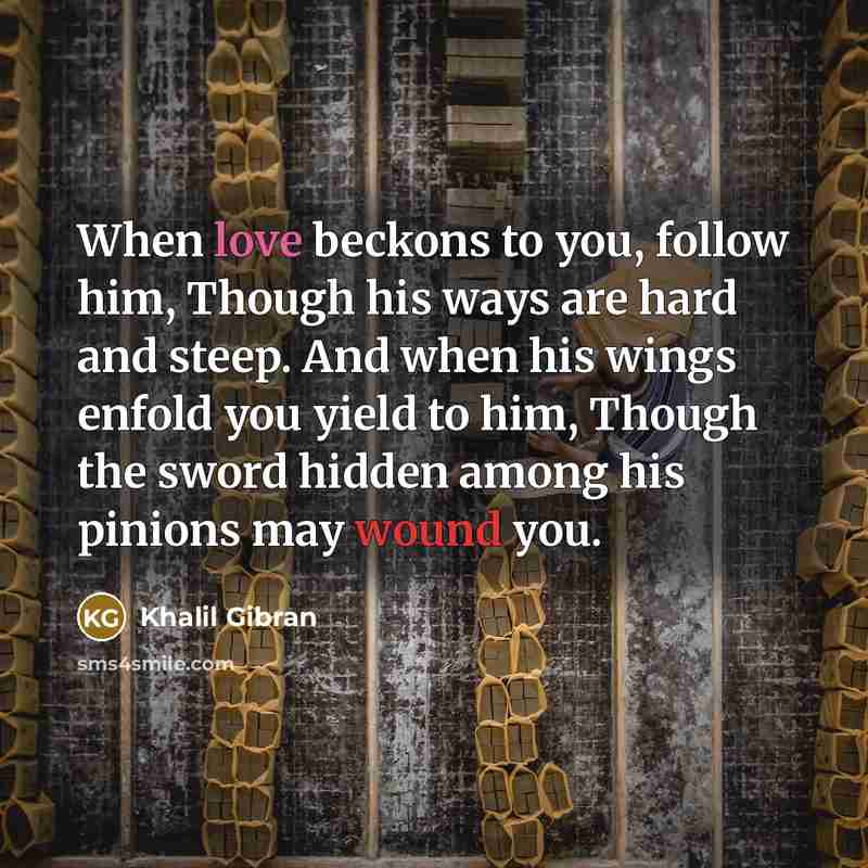 “When love beckons to you, follow him, Though his ways are hard and steep. And when his wings enfold you yield to him, Though the sword hidden among his pinions may wound you.” quote by Khalil Gibran