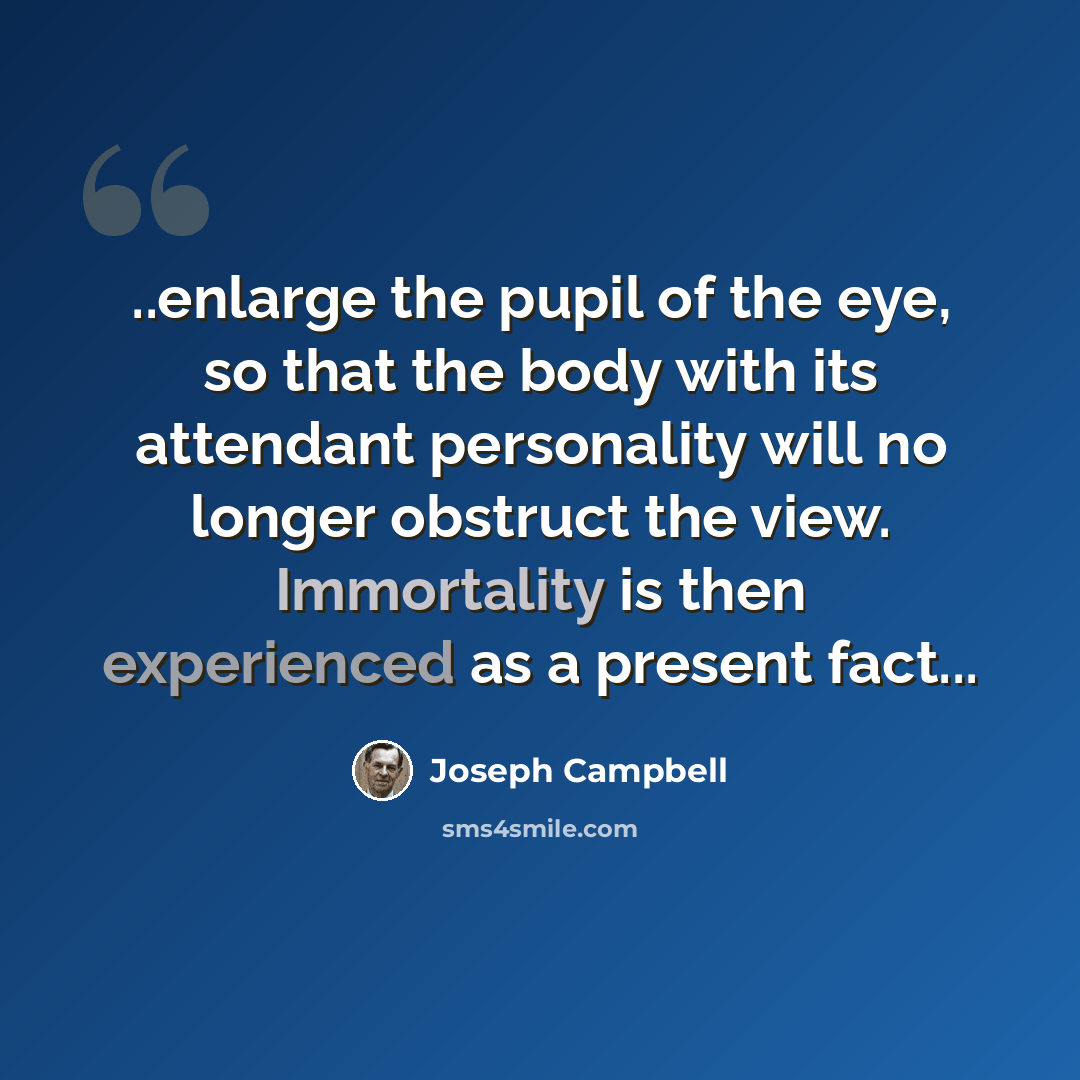 “..enlarge the pupil of the eye, so that the body with its attendant personality will no longer obstruct the view. Immortality is then experienced as a present fact...” quote by Joseph Campbell