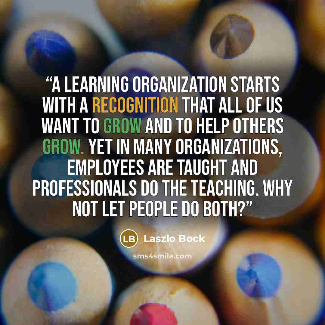 “A learning organization starts with a recognition that all of us want to grow and to help others grow. Yet in many organizations, employees are taught and professionals do the teaching. Why not let people do both?” quote by Laszlo Bock