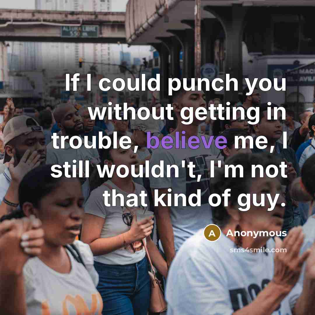 “If I could punch you without getting in trouble, believe me, I still wouldn't, I'm not that kind of guy.” quote by Anonymous