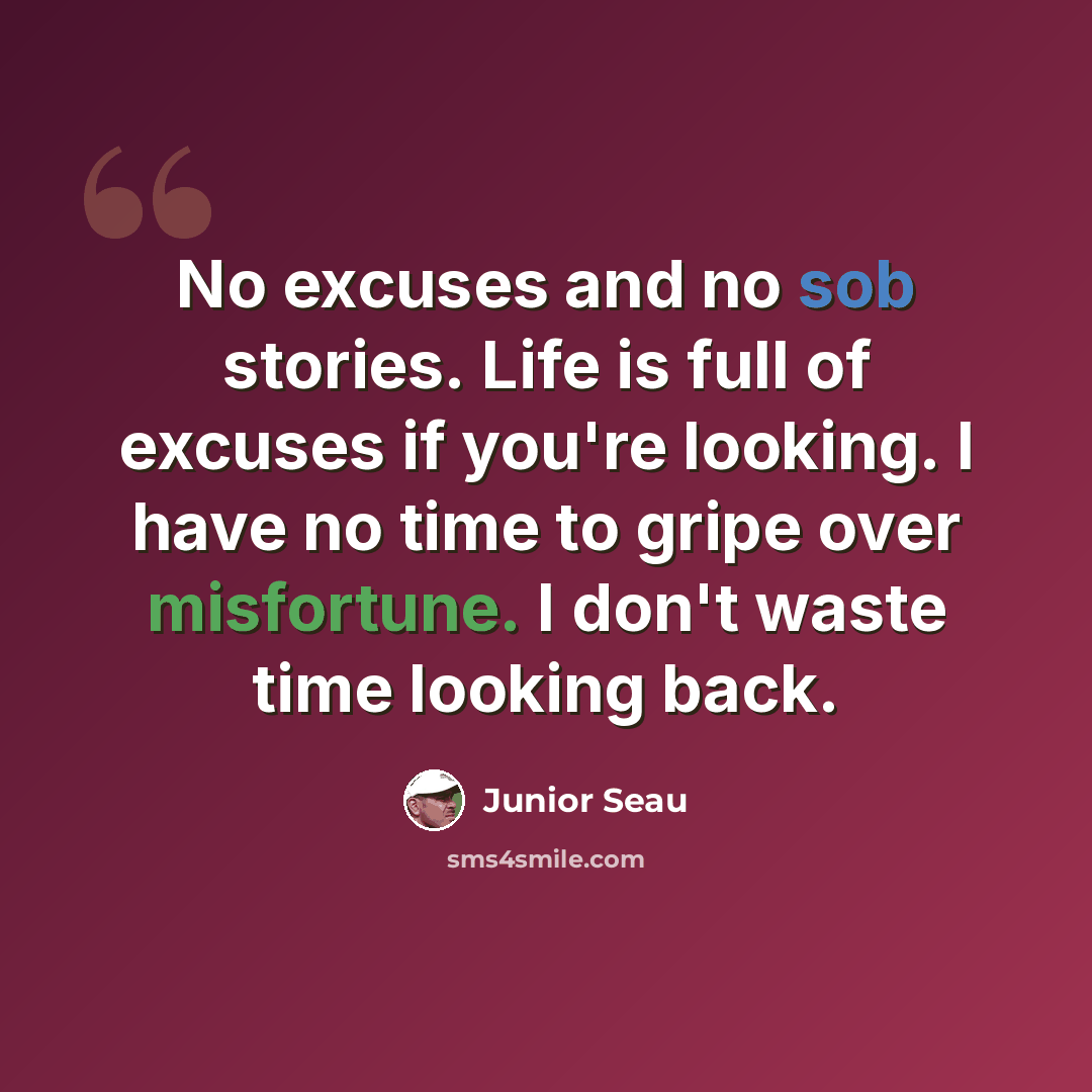 “No excuses and no sob stories. Life is full of excuses if you're looking. I have no time to gripe over misfortune. I don't waste time looking back.” quote by Junior Seau