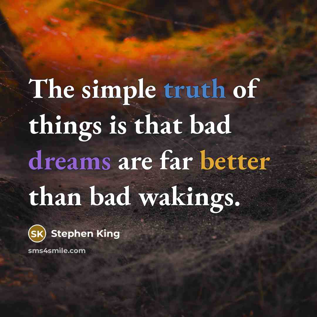 “The simple truth of things is that bad dreams are far better than bad wakings.” quote by Stephen King