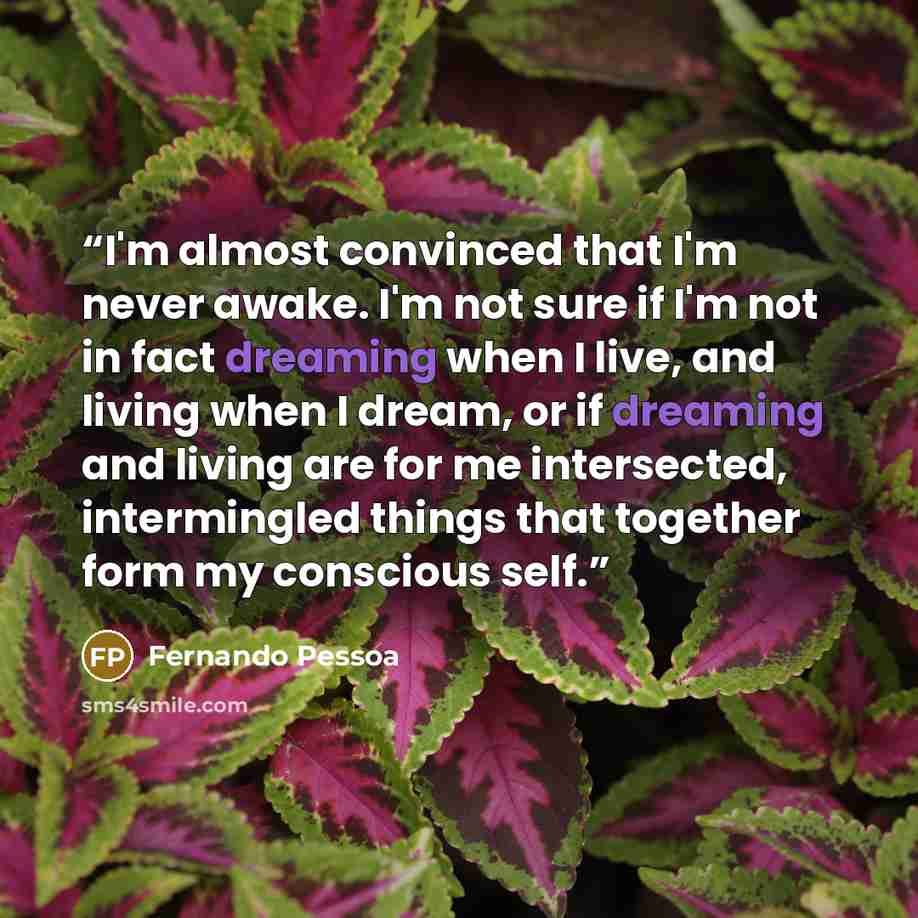 “I'm almost convinced that I'm never awake. I'm not sure if I'm not in fact dreaming when I live, and living when I dream, or if dreaming and living are for me intersected, intermingled things that together form my conscious self.” quote by Fernando Pessoa