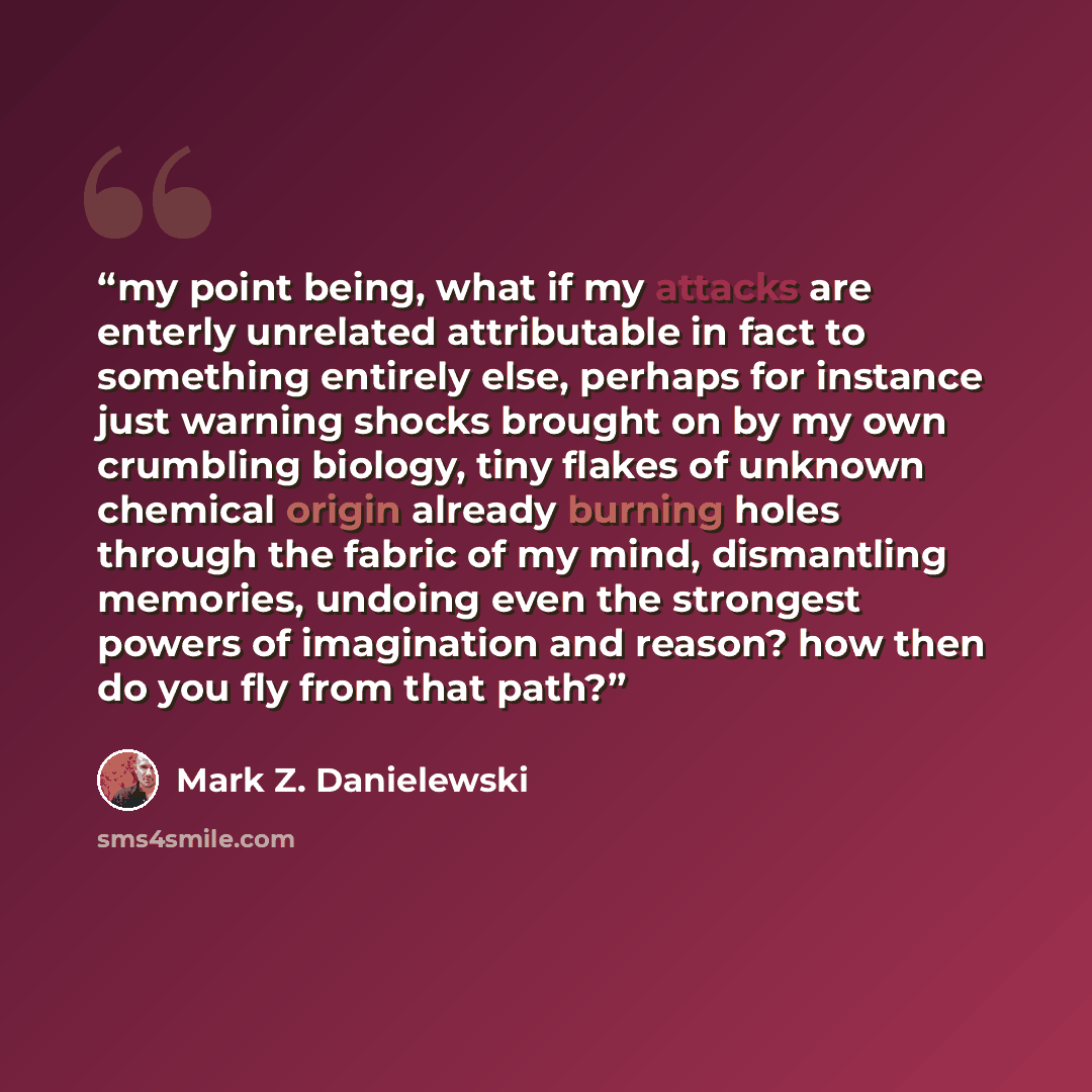 “my point being, what if my attacks are enterly unrelated attributable in fact to something entirely else, perhaps for instance just warning shocks brought on by my own crumbling biology, tiny flakes of unknown chemical origin already burning holes through the fabric of my mind, dismantling…” quote by Mark Z. Danielewski