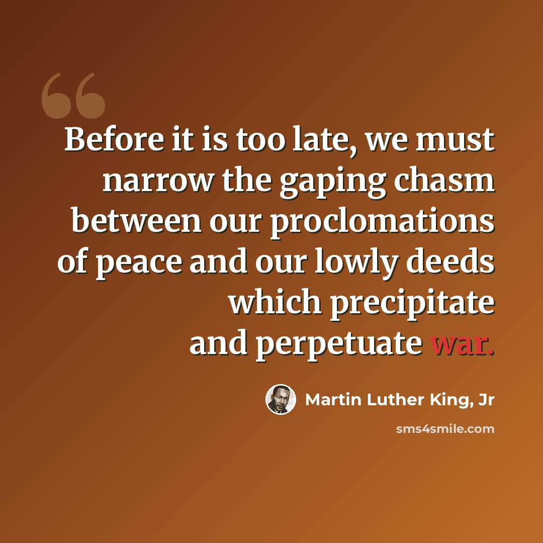 “Before it is too late, we must narrow the gaping chasm between our proclomations of peace and our lowly deeds which precipitate and perpetuate war.” quote by Martin Luther King, Jr