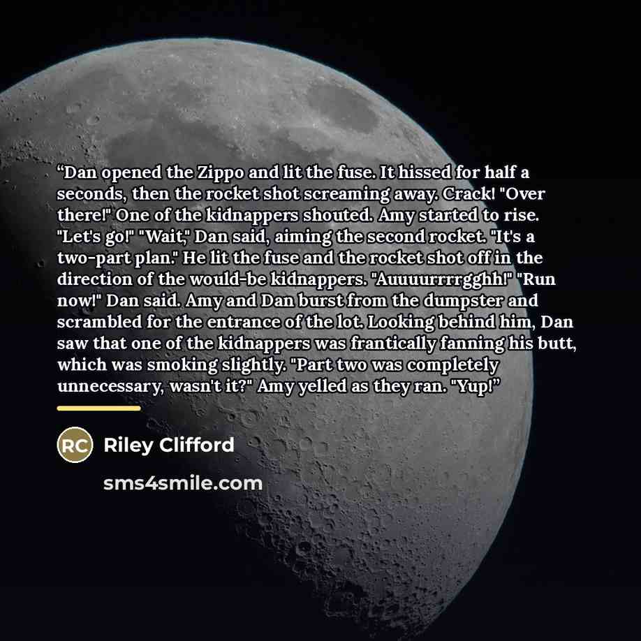 “Dan opened the Zippo and lit the fuse. It hissed for half a seconds, then the rocket shot screaming away. Crack! "Over there!" One of the kidnappers shouted. Amy started to rise. "Let's go!" "Wait," Dan said, aiming the second rocket. "It's a two-part plan." He lit the fuse and the rocket shot off…” quote by Riley Clifford