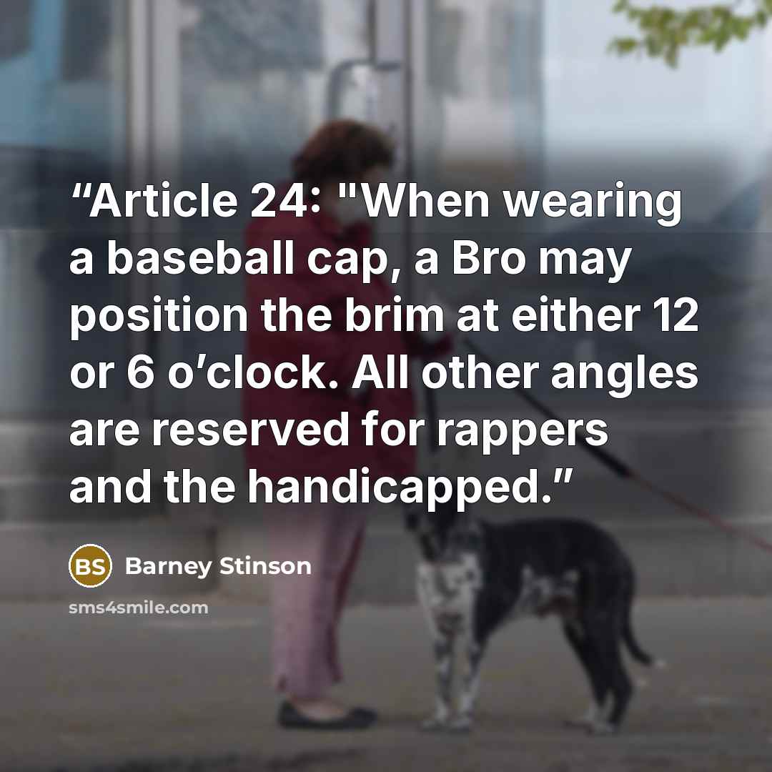 “Article 24: "When wearing a baseball cap, a Bro may position the brim at either 12 or 6 o’clock. All other angles are reserved for rappers and the handicapped.” quote by Barney Stinson