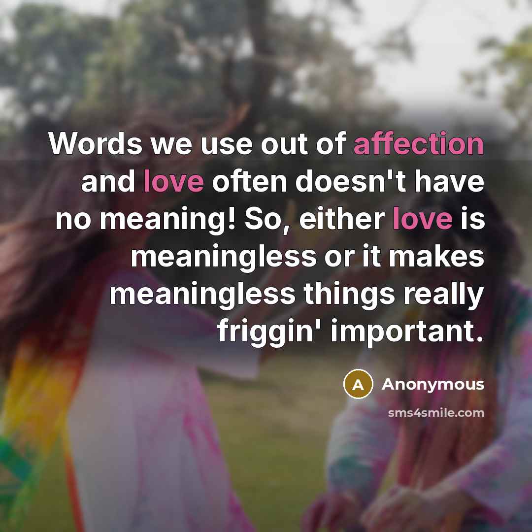 “Words we use out of affection and love often doesn't have no meaning! So, either love is meaningless or it makes meaningless things really friggin' important.” quote by Anonymous