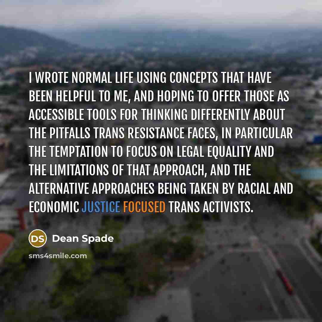 “I wrote Normal Life using concepts that have been helpful to me, and hoping to offer those as accessible tools for thinking differently about the pitfalls trans resistance faces, in particular the temptation to focus on legal equality and the limitations of that approach, and the alternative…” quote by Dean Spade