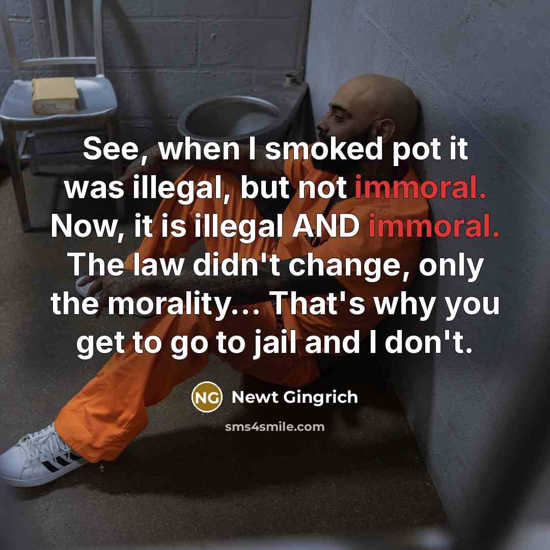 “See, when I smoked pot it was illegal, but not immoral. Now, it is illegal AND immoral. The law didn't change, only the morality… That's why you get to go to jail and I don't.” quote by Newt Gingrich