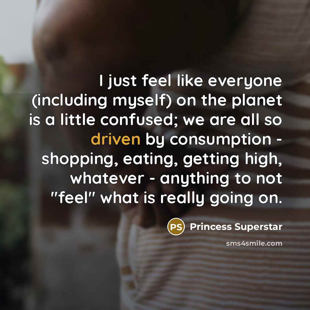 “I just feel like everyone (including myself) on the planet is a little confused; we are all so driven by consumption - shopping, eating, getting high, whatever - anything to not "feel" what is really going on.” quote by Princess Superstar