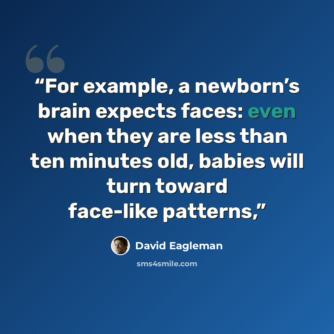 “For example, a newborn’s brain expects faces: even when they are less than ten minutes old, babies will turn toward face-like patterns,” quote by David Eagleman