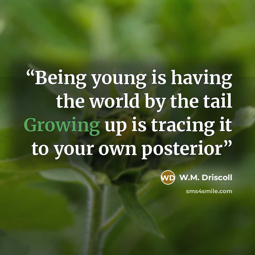 “Being young is having the world by the tail Growing up is tracing it to your own posterior” quote by W.M. Driscoll