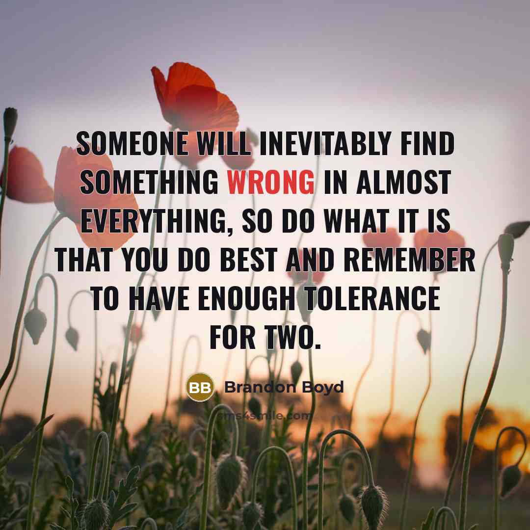 “Someone will inevitably find something wrong in almost everything, so do what it is that you do best and remember to have enough tolerance for two.” quote by Brandon Boyd