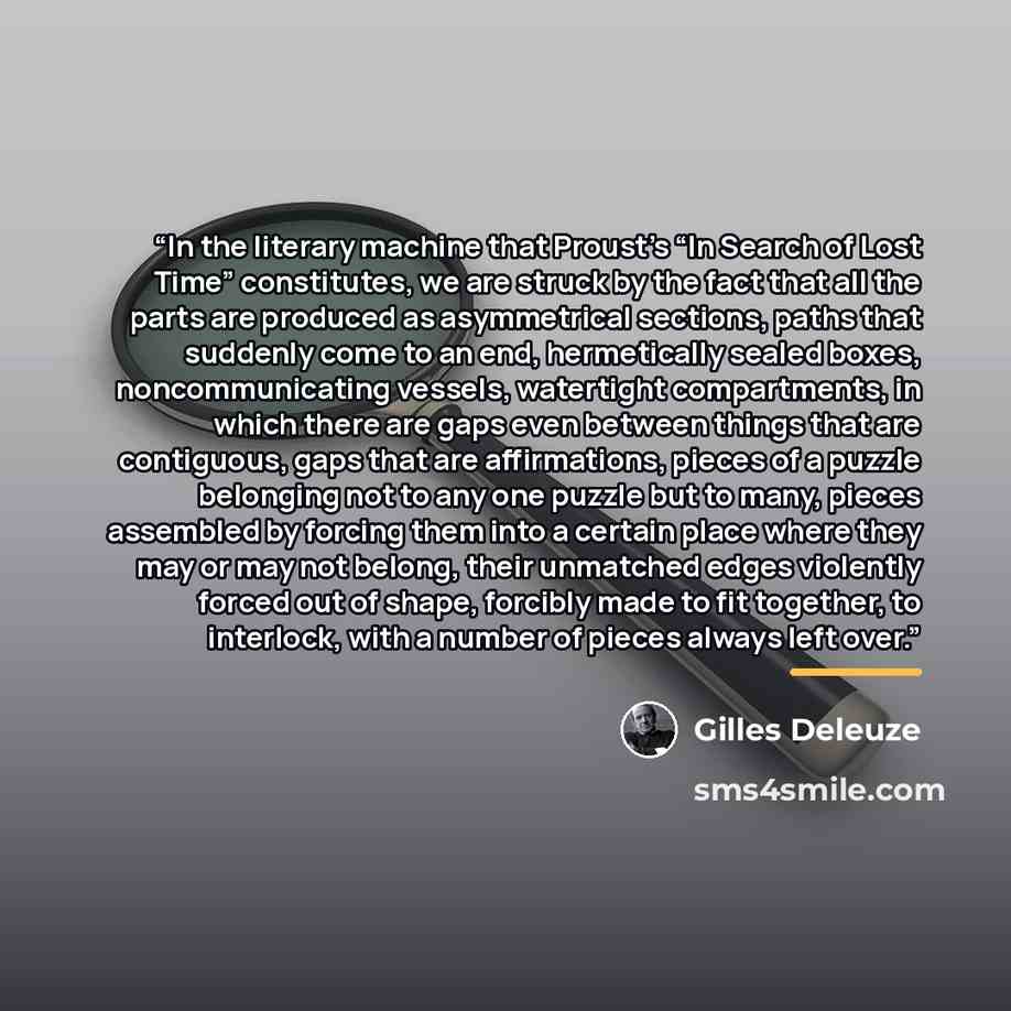 “In the literary machine that Proust’s “In Search of Lost Time” constitutes, we are struck by the fact that all the parts are produced as asymmetrical sections, paths that suddenly come to an end, hermetically sealed boxes, noncommunicating vessels, watertight compartments, in which there are gaps…” quote by Gilles Deleuze