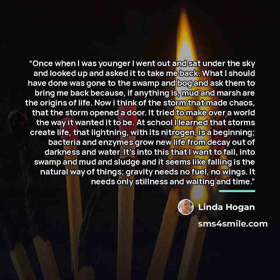 “Once when I was younger I went out and sat under the sky and looked up and asked it to take me back. What I should have done was gone to the swamp and bog and ask them to bring me back because, if anything is, mud and marsh are the origins of life. Now i think of the storm that made chaos, that…” quote by Linda Hogan