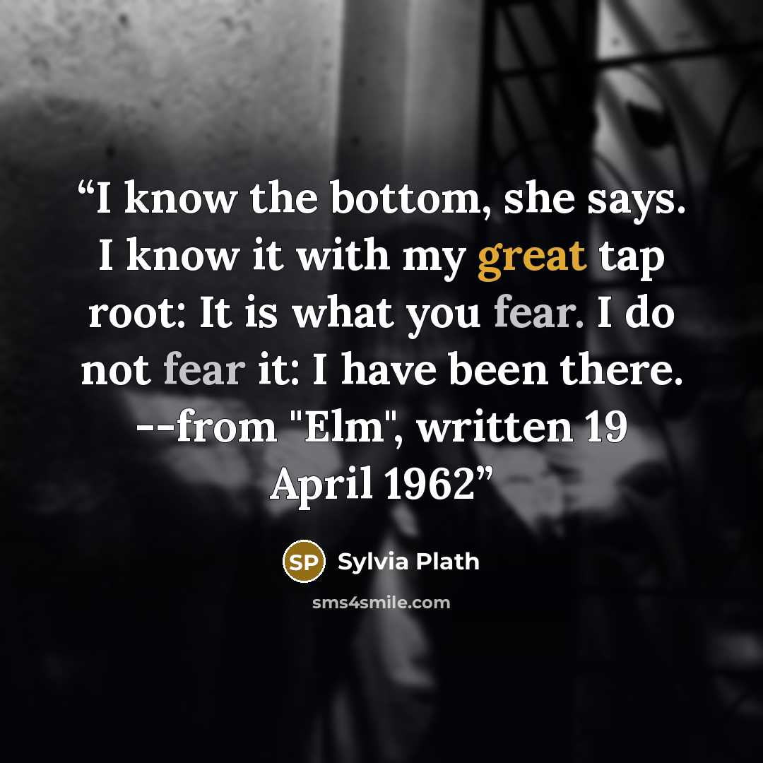 “I know the bottom, she says. I know it with my great tap root: It is what you fear. I do not fear it: I have been there. --from "Elm", written 19 April 1962” quote by Sylvia Plath