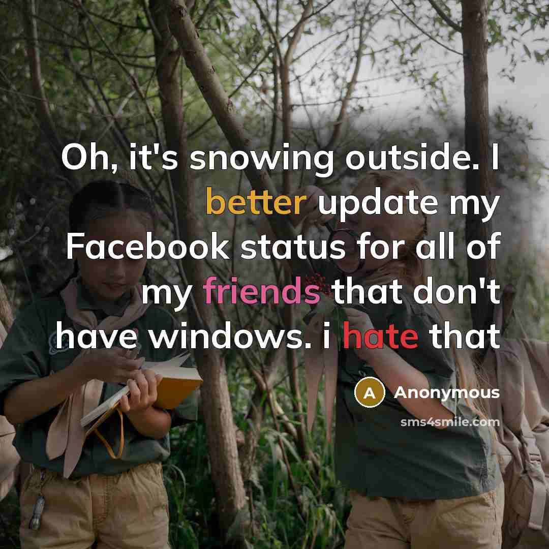 “Oh, it's snowing outside. I better update my Facebook status for all of my friends that don't have windows. i hate that” quote by Anonymous