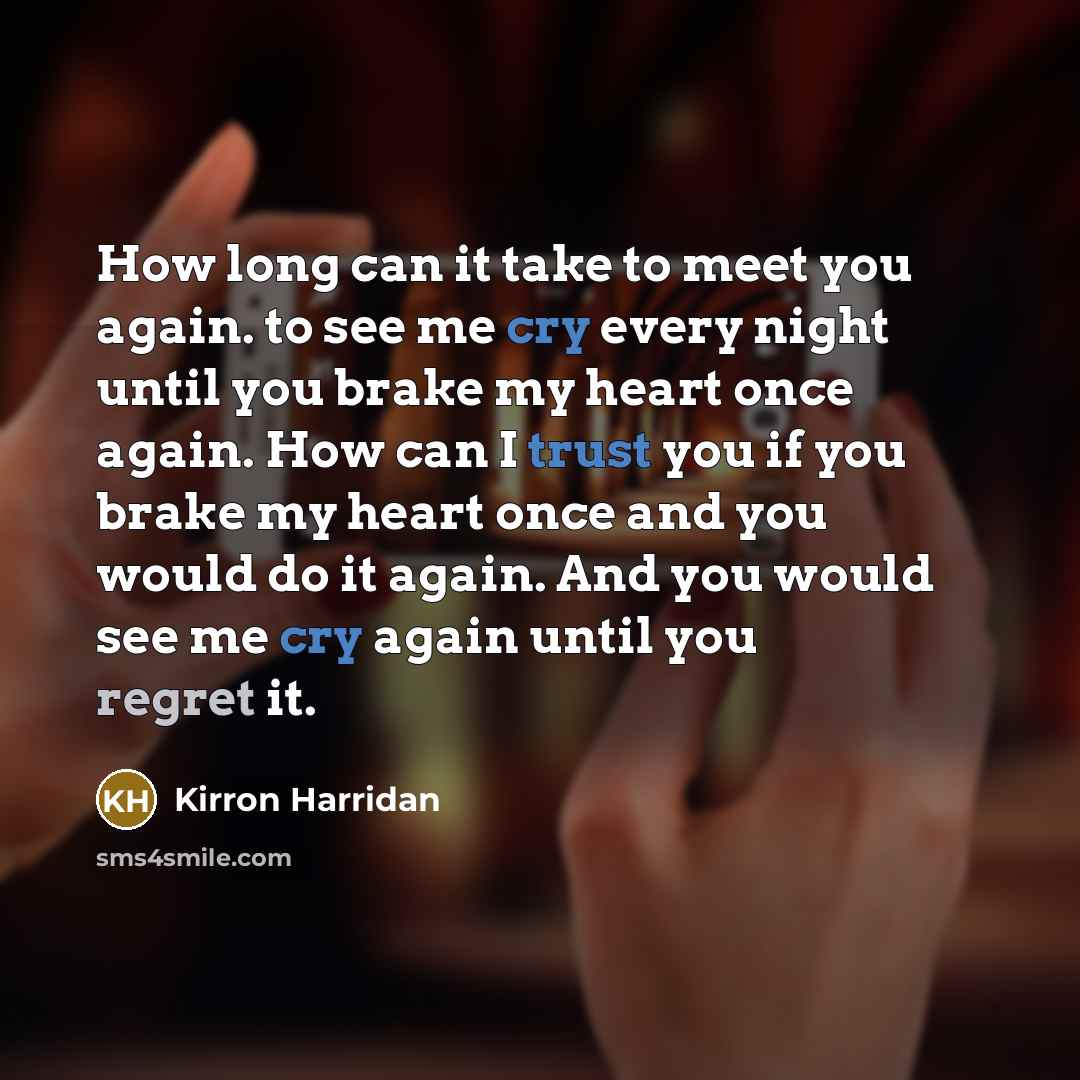 “How long can it take to meet you again. to see me cry every night until you brake my heart once again. How can I trust you if you brake my heart once and you would do it again. And you would see me cry again until you regret it.” quote by Kirron Harridan