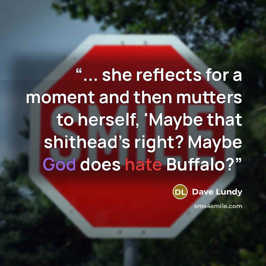 “... she reflects for a moment and then mutters to herself, 'Maybe that shithead’s right? Maybe God does hate Buffalo?” quote by Dave Lundy