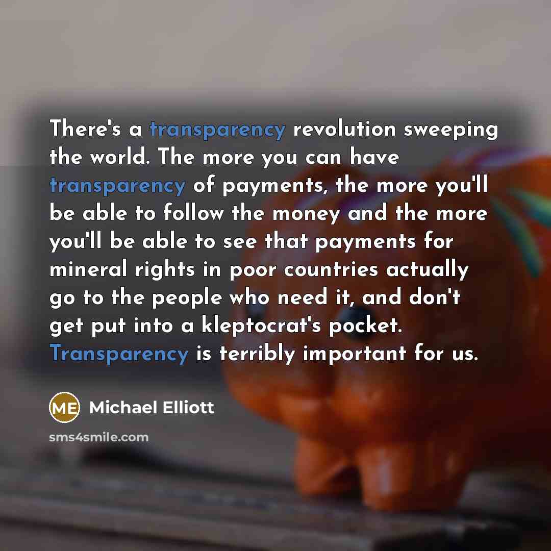 “There's a transparency revolution sweeping the world. The more you can have transparency of payments, the more you'll be able to follow the money and the more you'll be able to see that payments for mineral rights in poor countries actually go to the people who need it, and don't get put into a…” quote by Michael Elliott