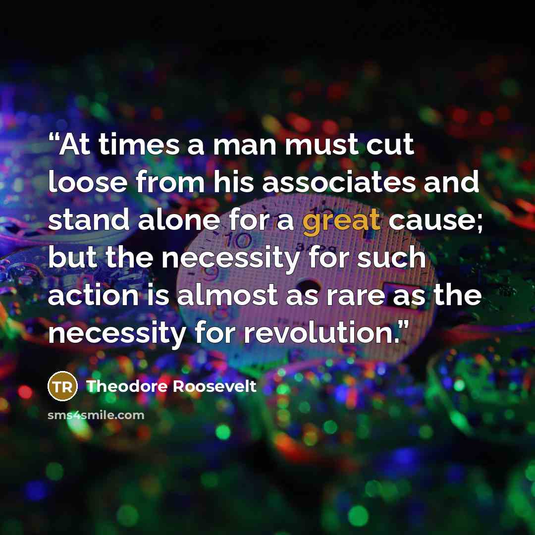 “At times a man must cut loose from his associates and stand alone for a great cause; but the necessity for such action is almost as rare as the necessity for revolution.” quote by Theodore Roosevelt