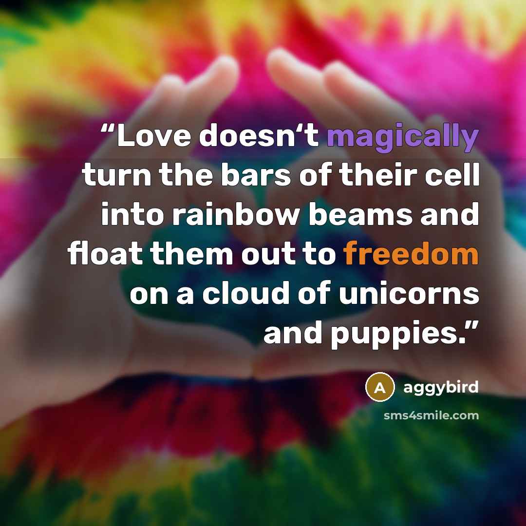 “Love doesn‘t magically turn the bars of their cell into rainbow beams and float them out to freedom on a cloud of unicorns and puppies.” quote by aggybird