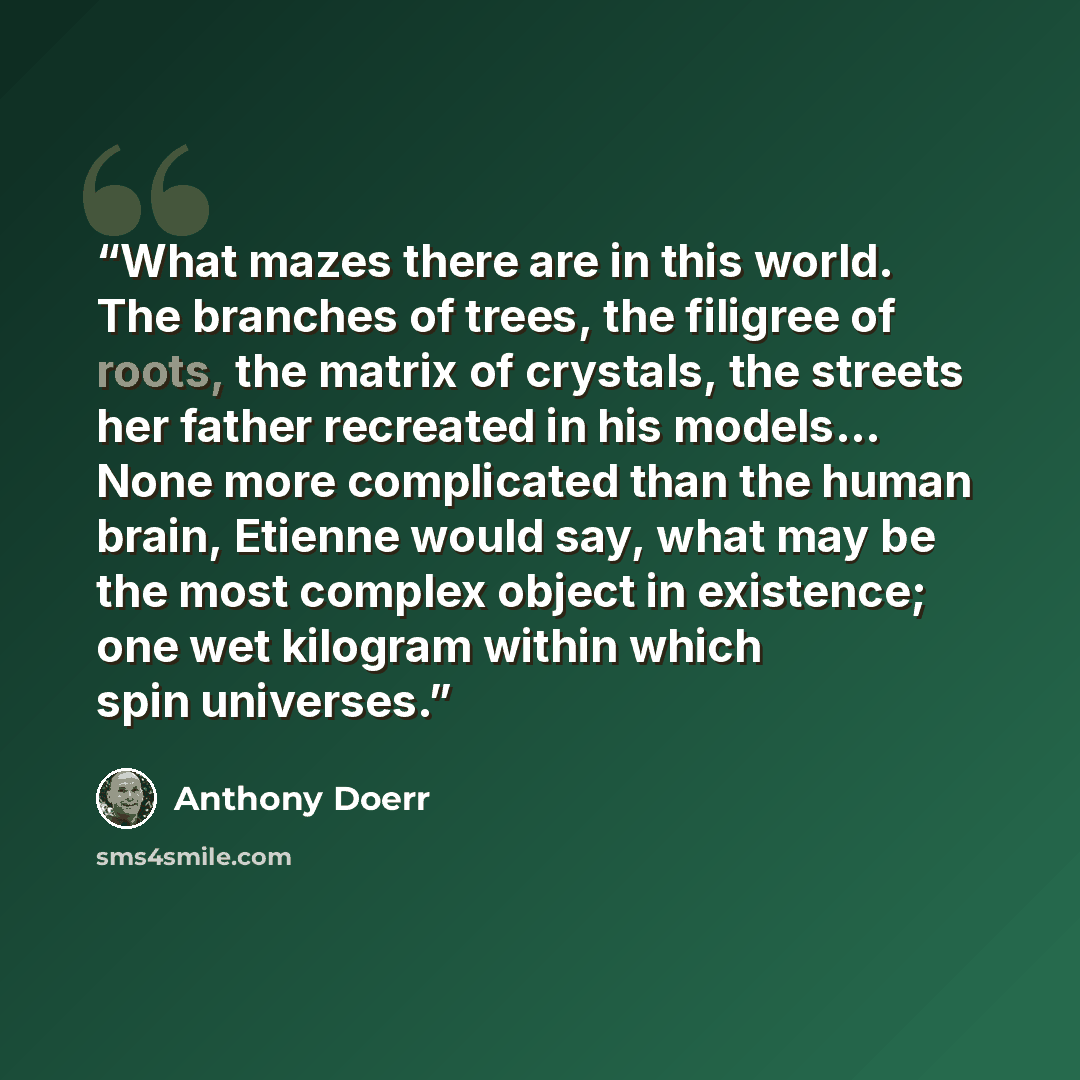 “What mazes there are in this world. The branches of trees, the filigree of roots, the matrix of crystals, the streets her father recreated in his models... None more complicated than the human brain, Etienne would say, what may be the most complex object in existence; one wet kilogram within which…” quote by Anthony Doerr