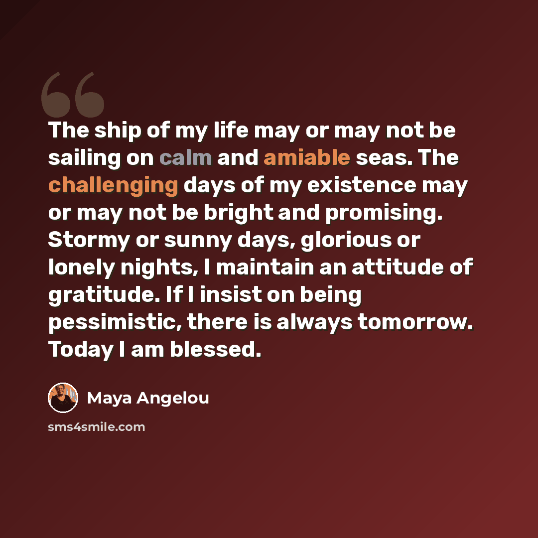 “The ship of my life may or may not be sailing on calm and amiable seas. The challenging days of my existence may or may not be bright and promising. Stormy or sunny days, glorious or lonely nights, I maintain an attitude of gratitude. If I insist on being pessimistic, there is always tomorrow…” quote by Maya Angelou