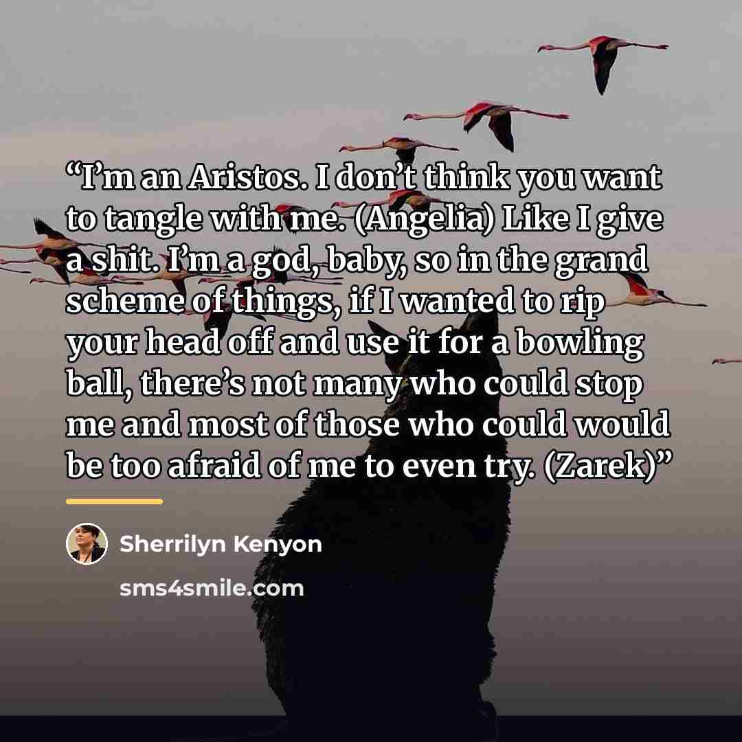 “I’m an Aristos. I don’t think you want to tangle with me. (Angelia) Like I give a shit. I’m a god, baby, so in the grand scheme of things, if I wanted to rip your head off and use it for a bowling ball, there’s not many who could stop me and most of those who could would be too afraid of me to…” quote by Sherrilyn Kenyon