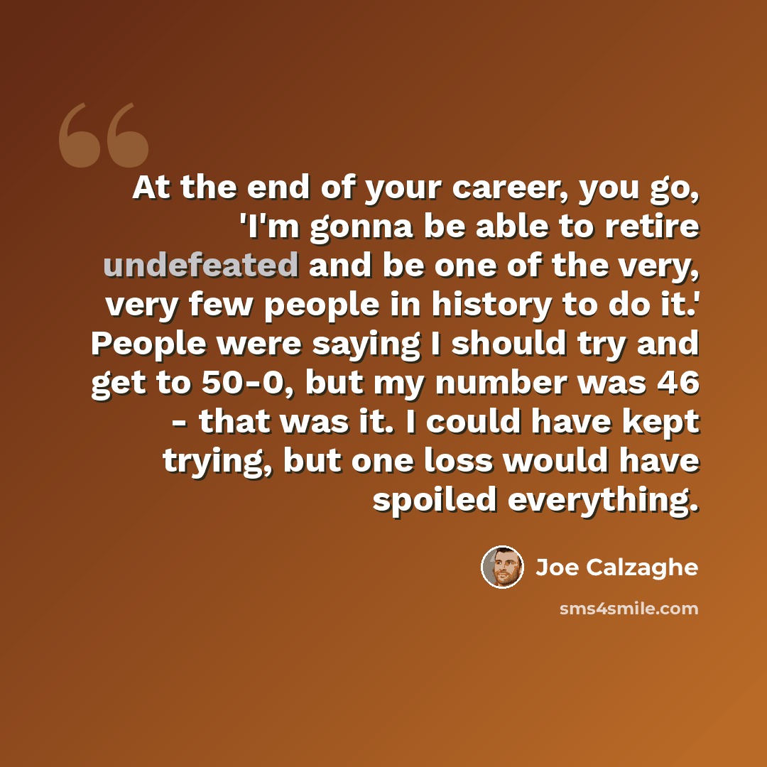 “At the end of your career, you go, 'I'm gonna be able to retire undefeated and be one of the very, very few people in history to do it.' People were saying I should try and get to 50-0, but my number was 46 - that was it. I could have kept trying, but one loss would have spoiled everything.” quote by Joe Calzaghe