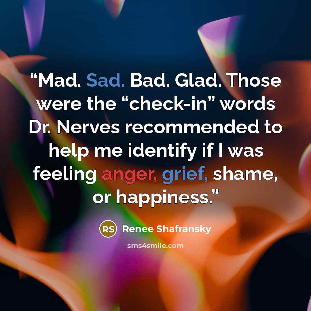 “Mad. Sad. Bad. Glad. Those were the “check-in” words Dr. Nerves recommended to help me identify if I was feeling anger, grief, shame, or happiness.” quote by Renee Shafransky