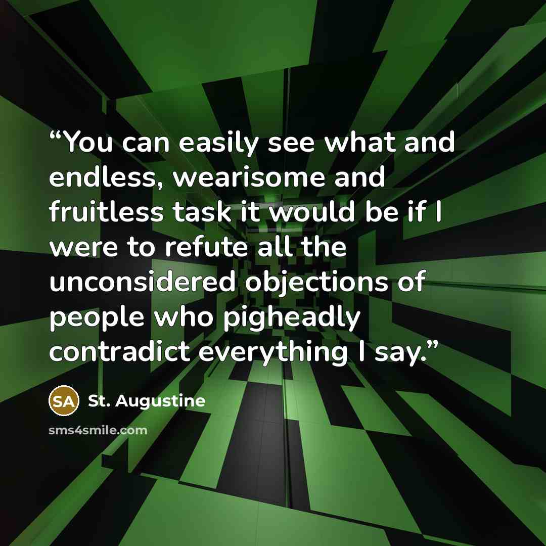 “You can easily see what and endless, wearisome and fruitless task it would be if I were to refute all the unconsidered objections of people who pigheadly contradict everything I say.” quote by St. Augustine