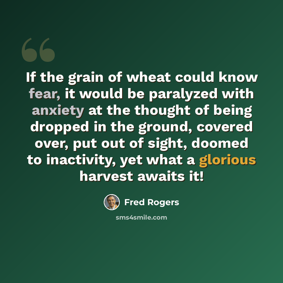 “If the grain of wheat could know fear, it would be paralyzed with anxiety at the thought of being dropped in the ground, covered over, put out of sight, doomed to inactivity, yet what a glorious harvest awaits it!” quote by Fred Rogers