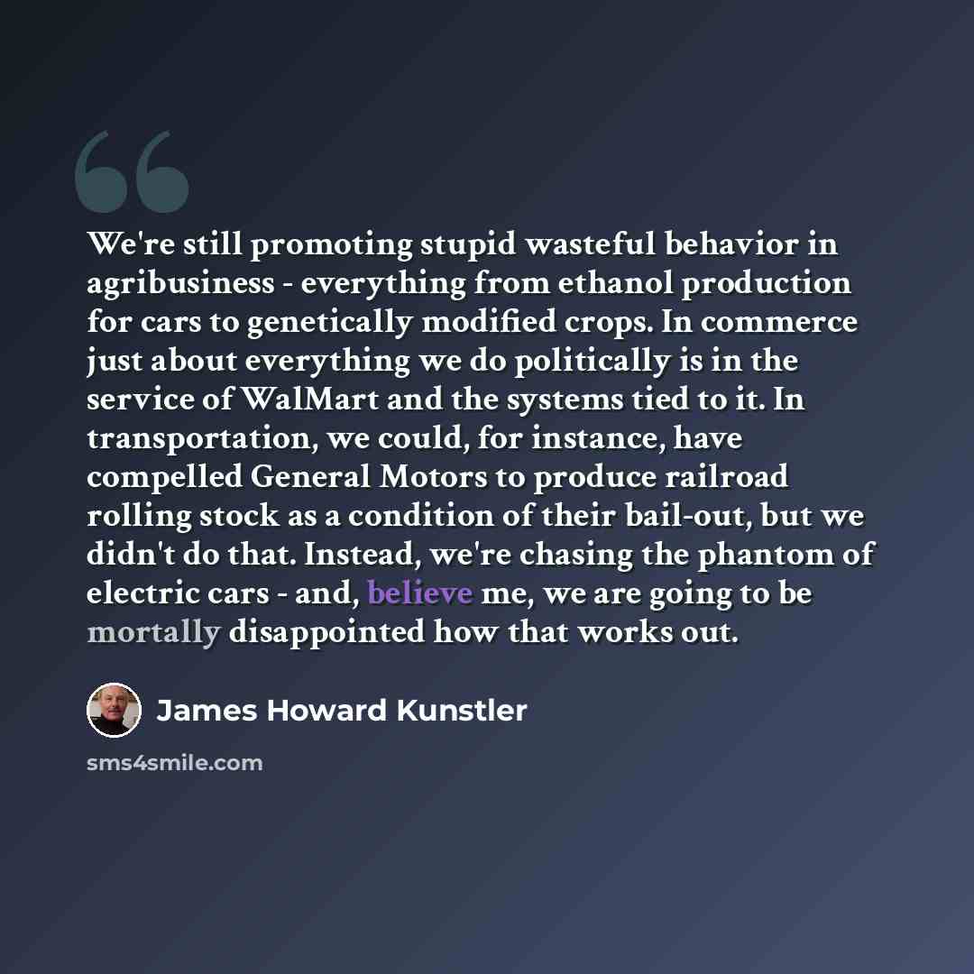 “We're still promoting stupid wasteful behavior in agribusiness - everything from ethanol production for cars to genetically modified crops. In commerce just about everything we do politically is in the service of WalMart and the systems tied to it. In transportation, we could, for instance, have…” quote by James Howard Kunstler