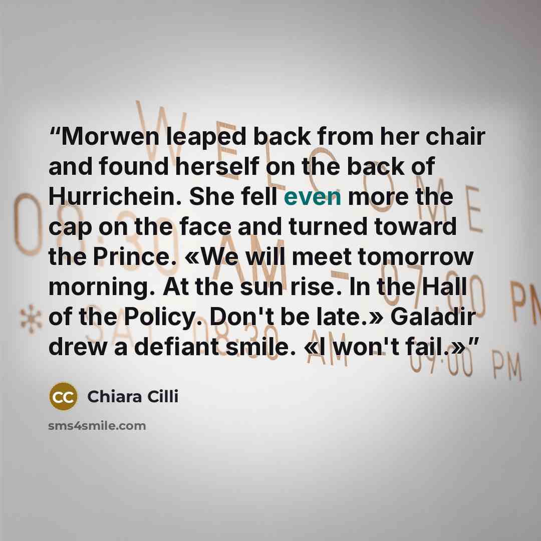 “Morwen leaped back from her chair and found herself on the back of Hurrichein. She fell even more the cap on the face and turned toward the Prince. «We will meet tomorrow morning. At the sun rise. In the Hall of the Policy. Don't be late.» Galadir drew a defiant smile. «I won't fail.»” quote by Chiara Cilli
