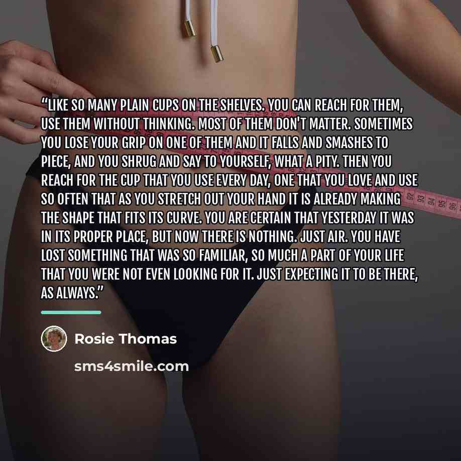 “Like so many plain cups on the shelves. You can reach for them, use them without thinking. Most of them don't matter. Sometimes you lose your grip on one of them and it falls and smashes to piece, and you shrug and say to yourself, what a pity. Then you reach for the cup that you use every day…” quote by Rosie Thomas
