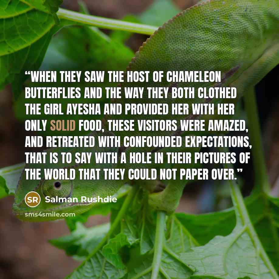 “When they saw the host of chameleon butterflies and the way they both clothed the girl Ayesha and provided her with her only solid food, these visitors were amazed, and retreated with confounded expectations, that is to say with a hole in their pictures of the world that they could not paper over.” quote by Salman Rushdie