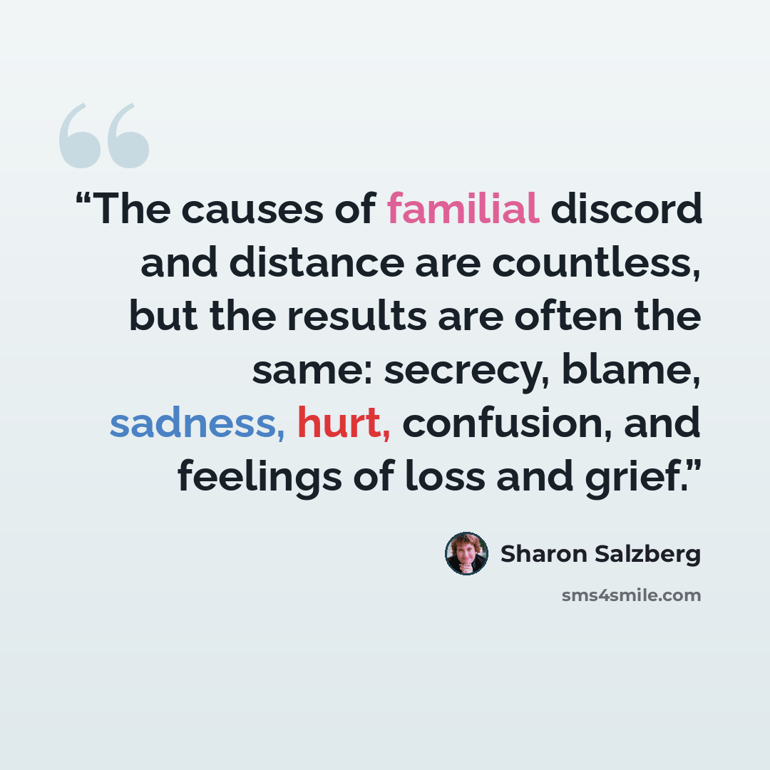 “The causes of familial discord and distance are countless, but the results are often the same: secrecy, blame, sadness, hurt, confusion, and feelings of loss and grief.” quote by Sharon Salzberg
