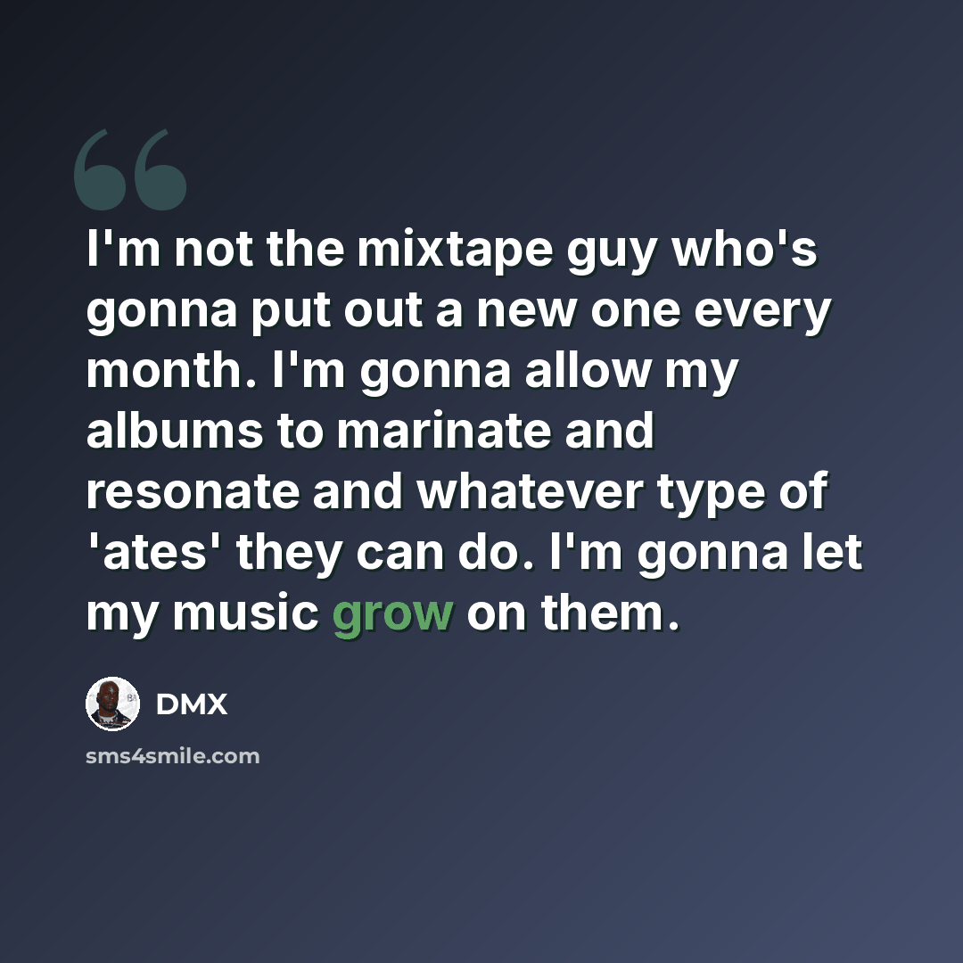 “I'm not the mixtape guy who's gonna put out a new one every month. I'm gonna allow my albums to marinate and resonate and whatever type of 'ates' they can do. I'm gonna let my music grow on them.” quote by DMX