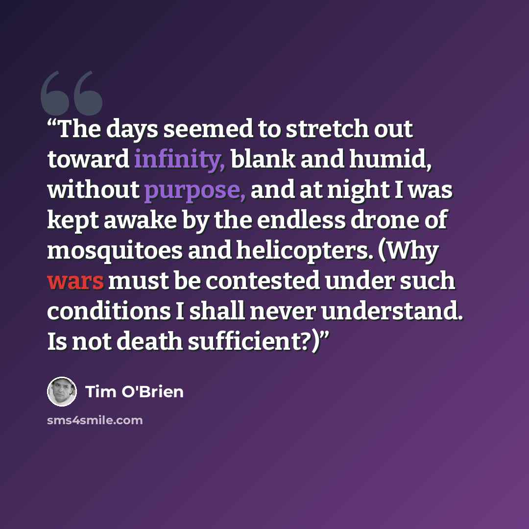 “The days seemed to stretch out toward infinity, blank and humid, without purpose, and at night I was kept awake by the endless drone of mosquitoes and helicopters. (Why wars must be contested under such conditions I shall never understand. Is not death sufficient?)” quote by Tim O'Brien