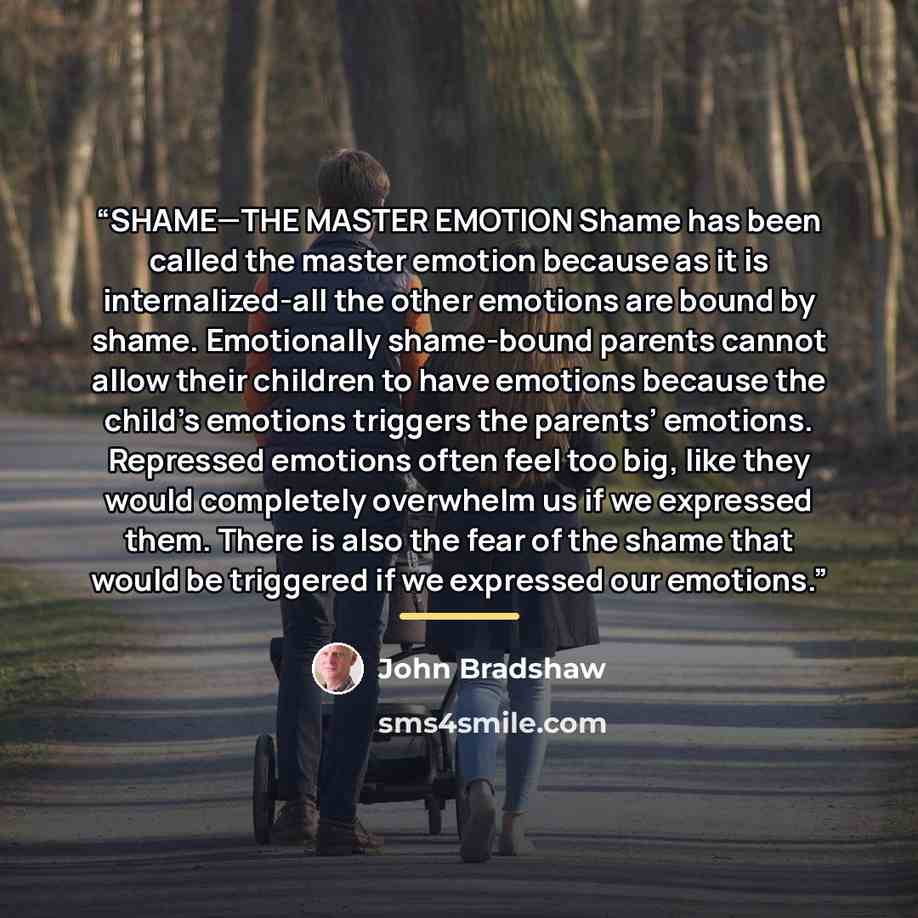 “SHAME—THE MASTER EMOTION Shame has been called the master emotion because as it is internalized-all the other emotions are bound by shame. Emotionally shame-bound parents cannot allow their children to have emotions because the child’s emotions triggers the parents’ emotions. Repressed emotions…” quote by John Bradshaw