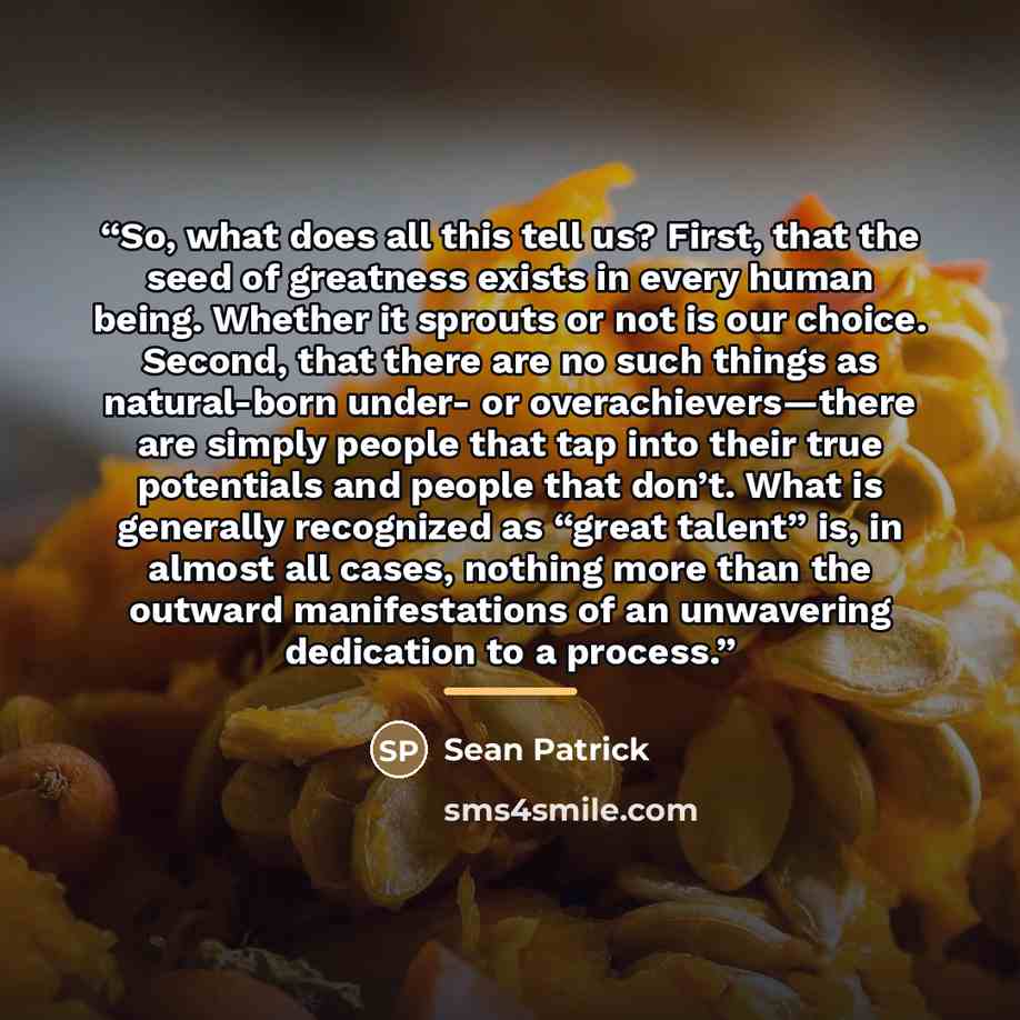 “So, what does all this tell us? First, that the seed of greatness exists in every human being. Whether it sprouts or not is our choice. Second, that there are no such things as natural-born under- or overachievers—there are simply people that tap into their true potentials and people that don’t…” quote by Sean Patrick