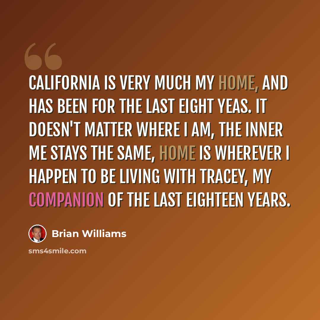 “California is very much my home, and has been for the last eight yeas. It doesn't matter where I am, the inner me stays the same, home is wherever I happen to be living with Tracey, my companion of the last eighteen years.” quote by Brian Williams