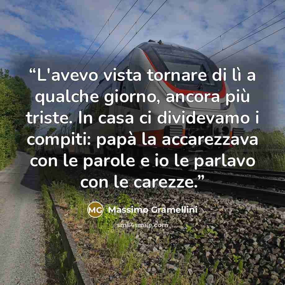 “L'avevo vista tornare di lì a qualche giorno, ancora più triste. In casa ci dividevamo i compiti: papà la accarezzava con le parole e io le parlavo con le carezze.” quote by Massimo Gramellini