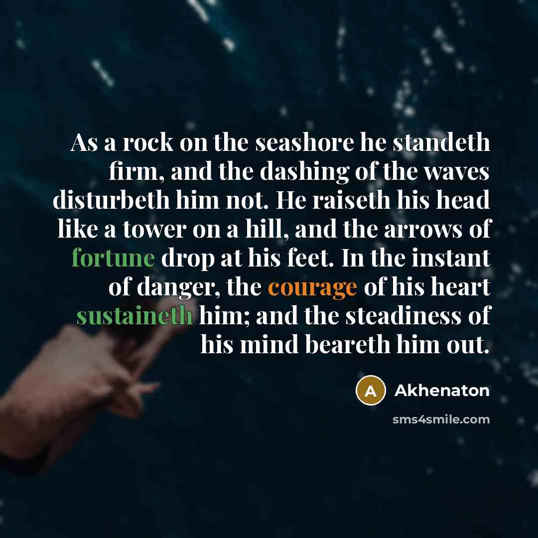 “As a rock on the seashore he standeth firm, and the dashing of the waves disturbeth him not. He raiseth his head like a tower on a hill, and the arrows of fortune drop at his feet. In the instant of danger, the courage of his heart sustaineth him; and the steadiness of his mind beareth him out.” quote by Akhenaton