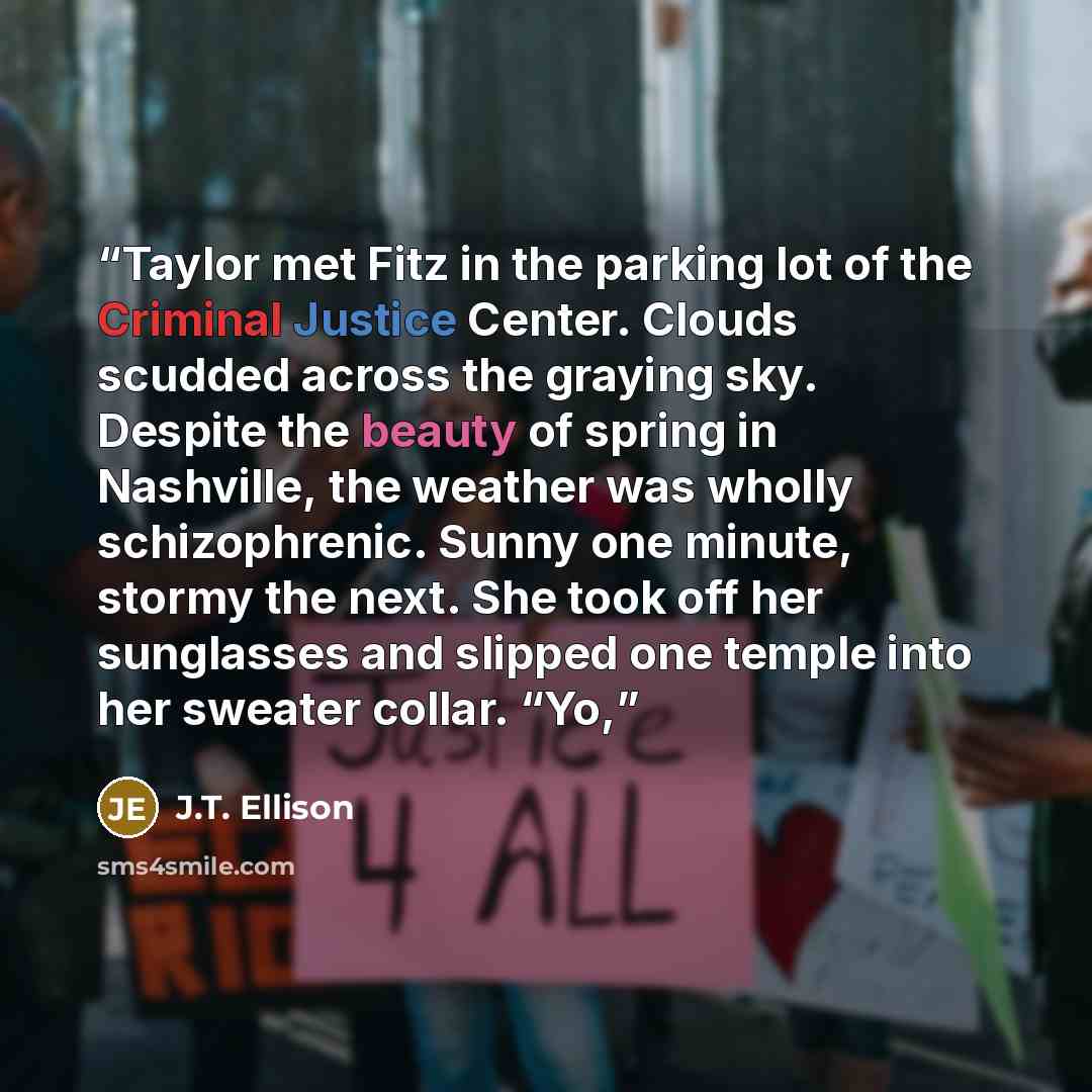 “Taylor met Fitz in the parking lot of the Criminal Justice Center. Clouds scudded across the graying sky. Despite the beauty of spring in Nashville, the weather was wholly schizophrenic. Sunny one minute, stormy the next. She took off her sunglasses and slipped one temple into her sweater collar…” quote by J.T. Ellison