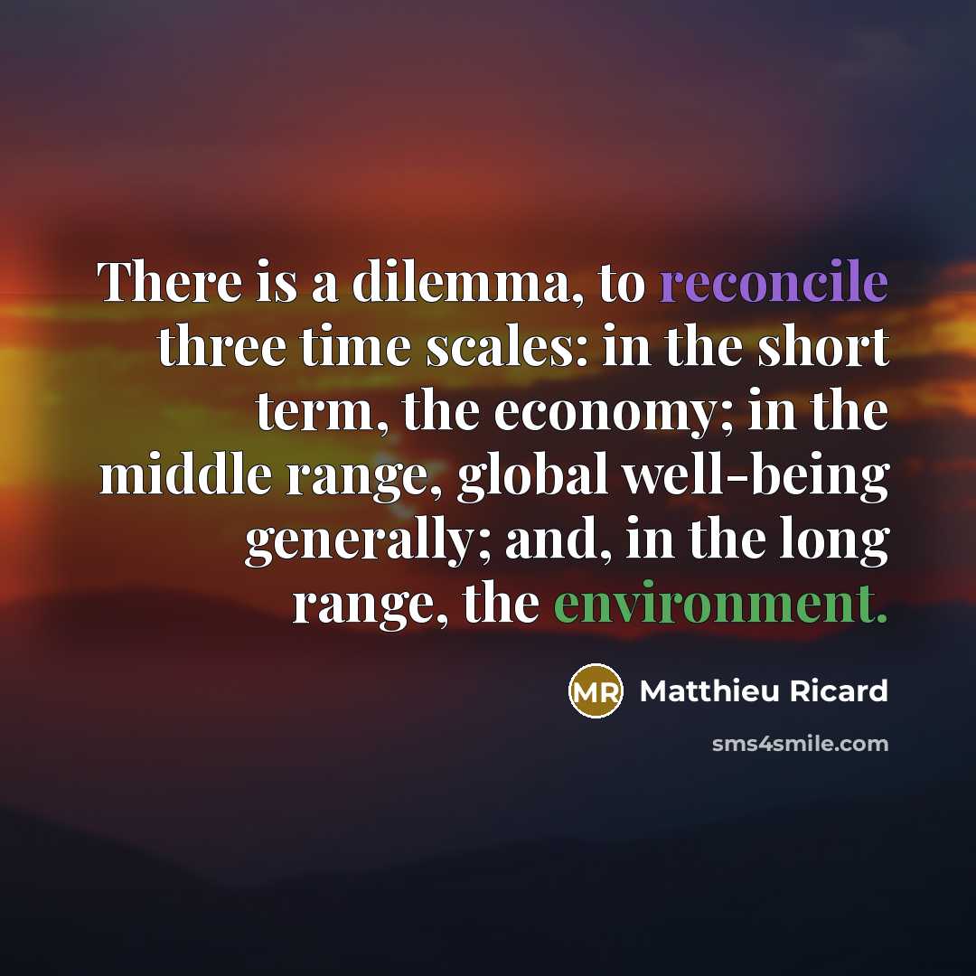 “There is a dilemma, to reconcile three time scales: in the short term, the economy; in the middle range, global well-being generally; and, in the long range, the environment.” quote by Matthieu Ricard
