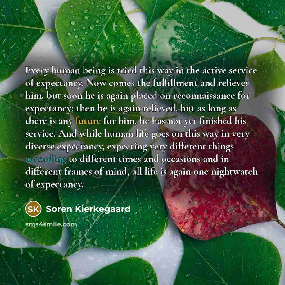 “Every human being is tried this way in the active service of expectancy. Now comes the fulfillment and relieves him, but soon he is again placed on reconnaissance for expectancy; then he is again relieved, but as long as there is any future for him, he has not yet finished his service. And while…” quote by Soren Kierkegaard